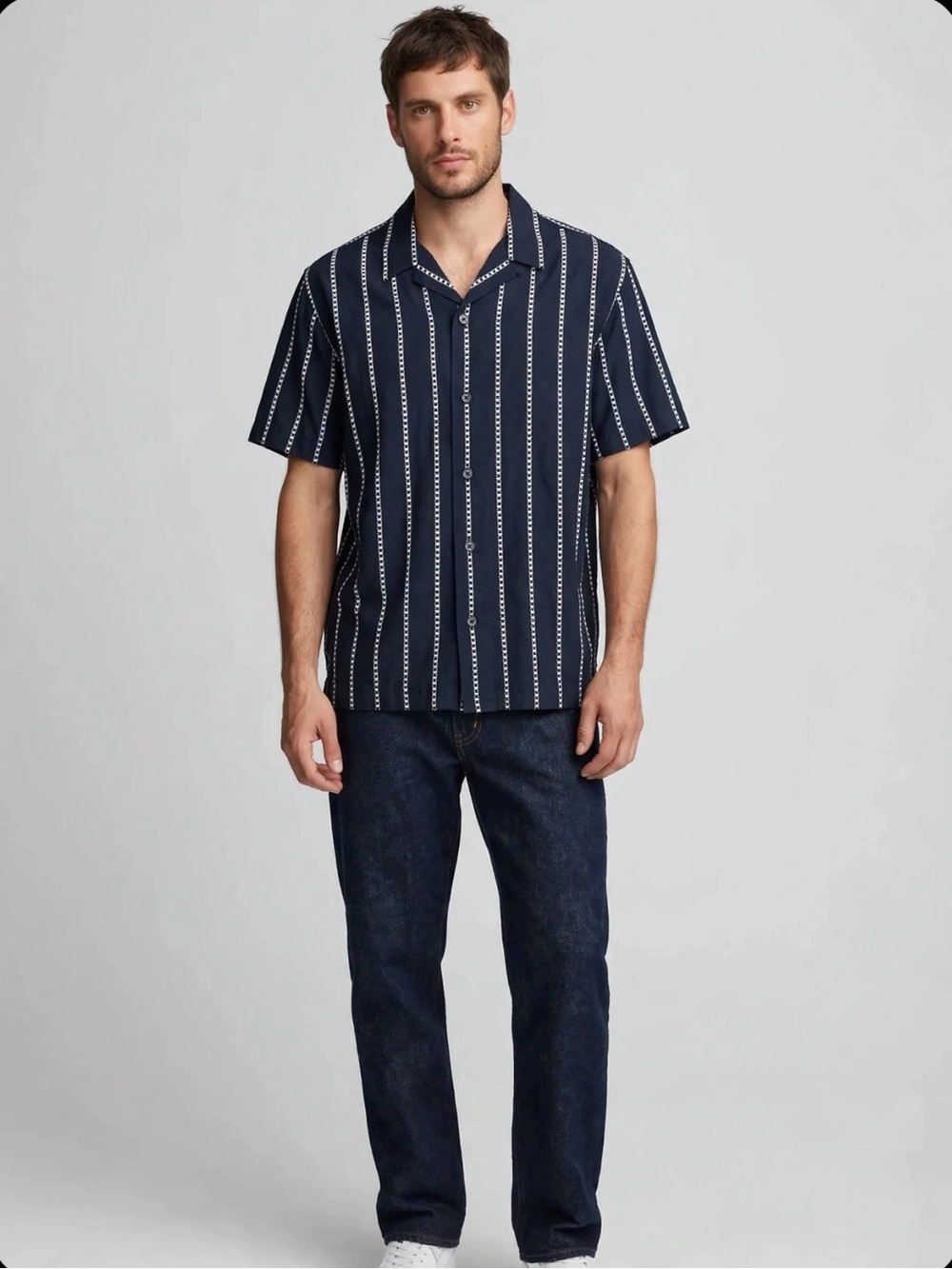 Banana Republic L Mens Navy White Dobby Stripe Camp Collar Shirt